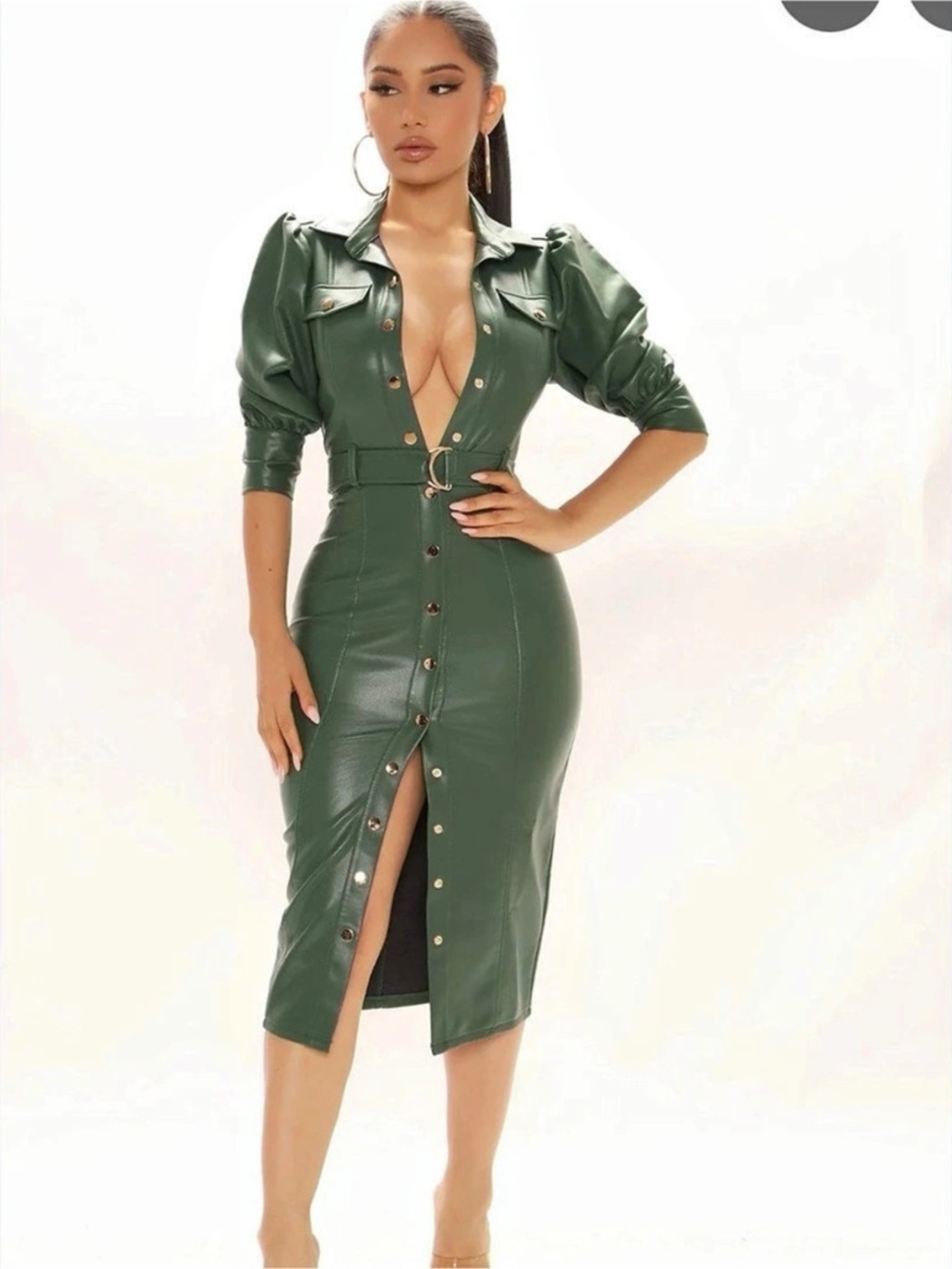 Fashion Nova All For Looks Faux Leather Midi Dress Green
